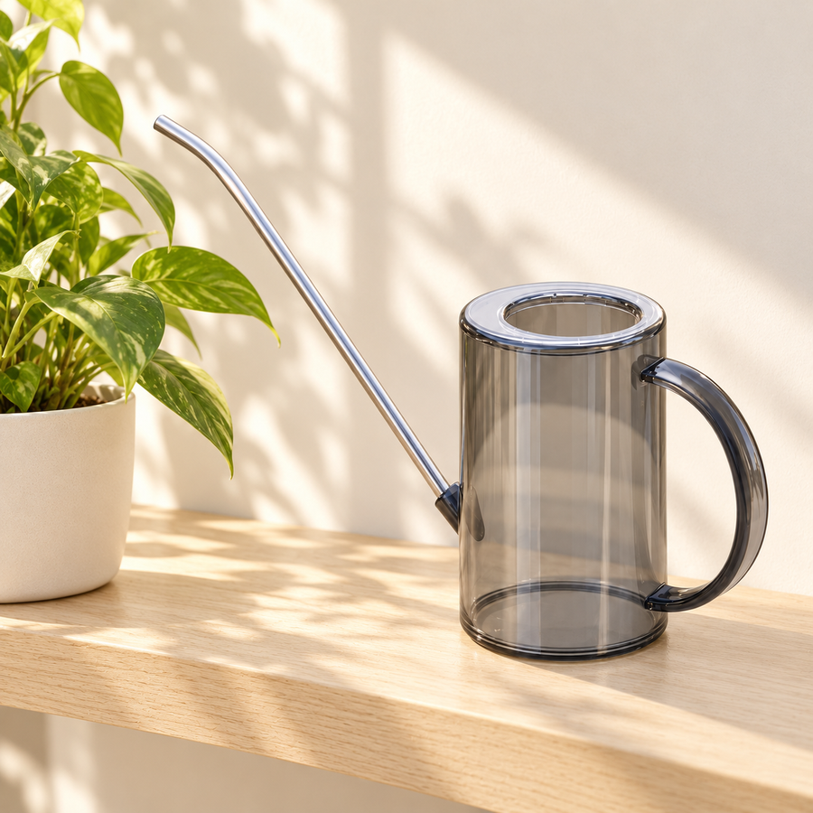 Smoke Gray Long Spout Watering Can — styled scene — product illustration
