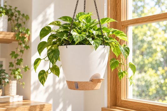 Hanging Planter with Reservoir Base — White — styled scene — product illustration