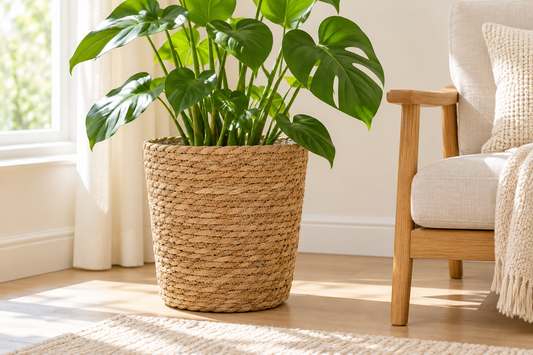 Woven Planter Basket — Natural Tan — styled scene — product illustration