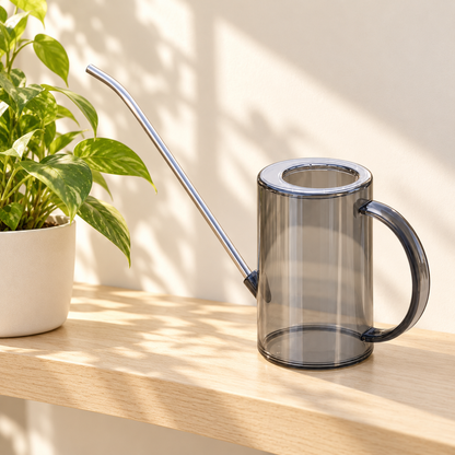 Smoke Gray Long Spout Watering Can — styled scene — product illustration
